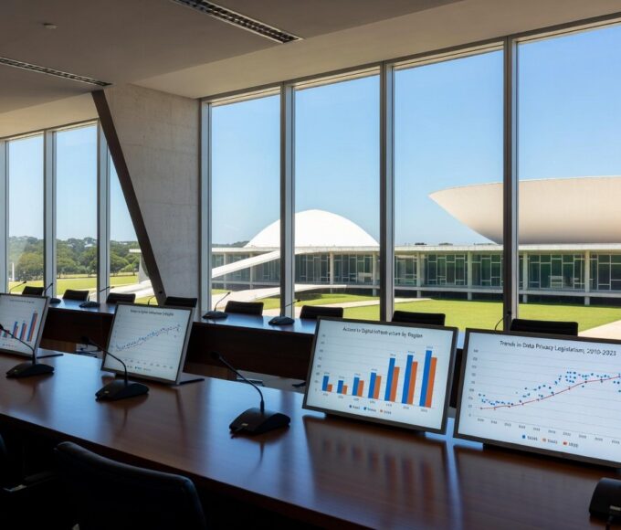 Sala de conferências em Brasília com vista para o Congresso, representando debate sobre desafios do ECA Digital.