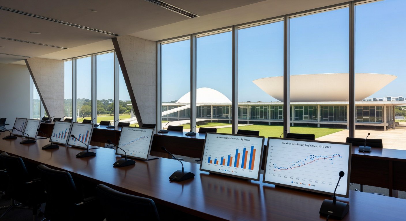 Sala de conferências em Brasília com vista para o Congresso, representando debate sobre desafios do ECA Digital.