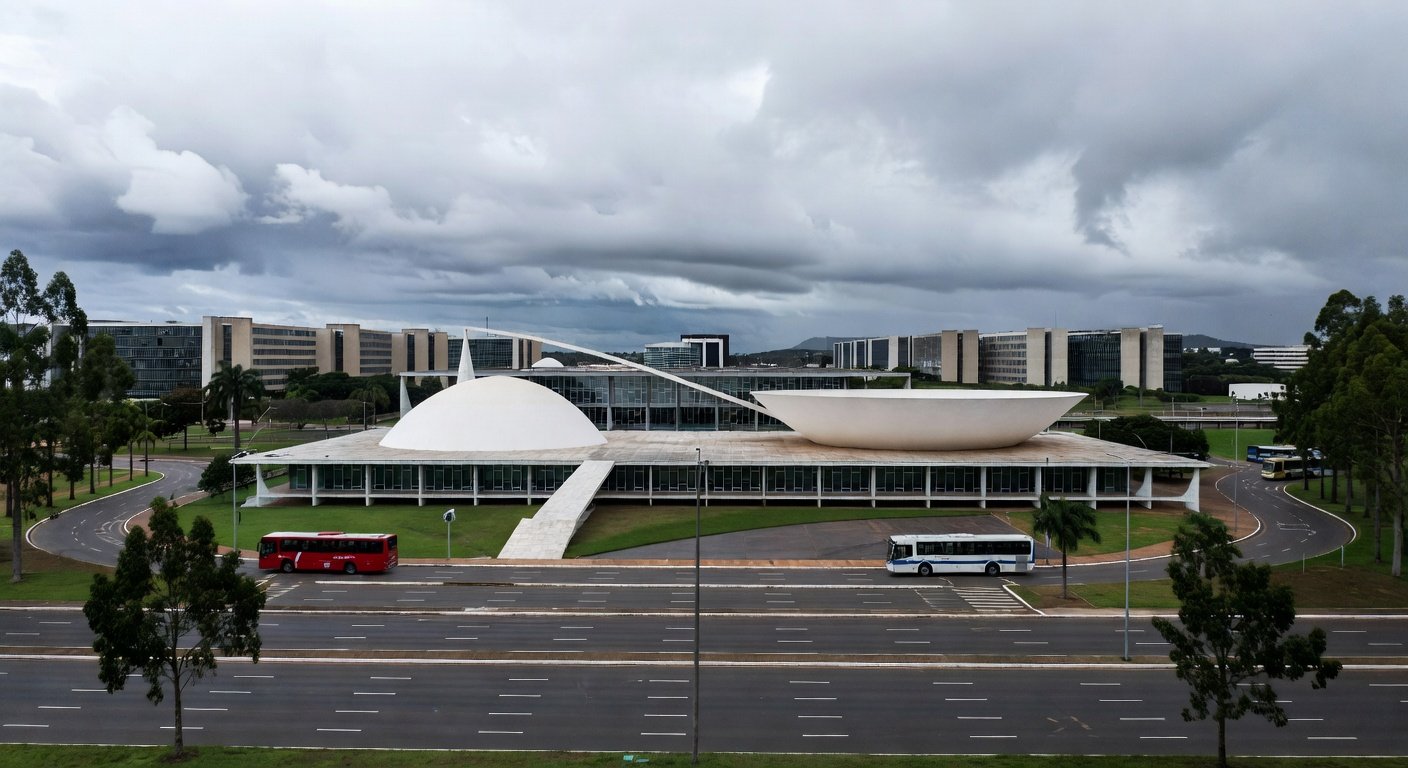 Sala de conferências vazia na CLDF em Brasília, representando evento de governança como fachada para discussões vazias no DF.