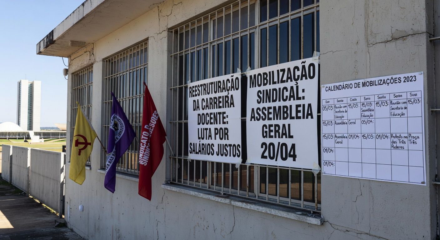 Escola pública em Brasília com cartazes de mobilizações por reestruturação de carreira de professores do DF.