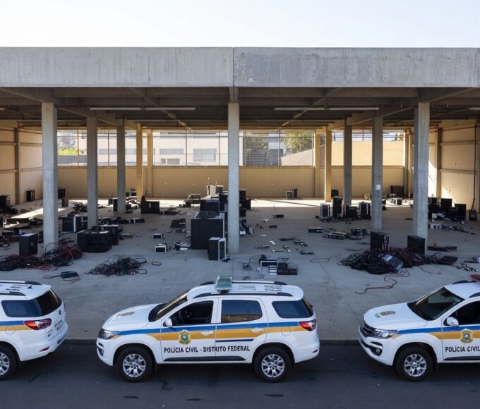 Viaturas da Polícia Civil e equipamentos de mineração clandestina de criptomoedas confiscados em operação no DF.