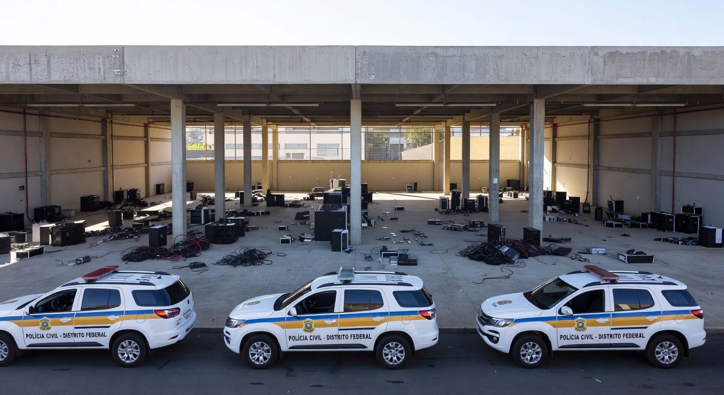 Viaturas da Polícia Civil e equipamentos de mineração clandestina de criptomoedas confiscados em operação no DF.