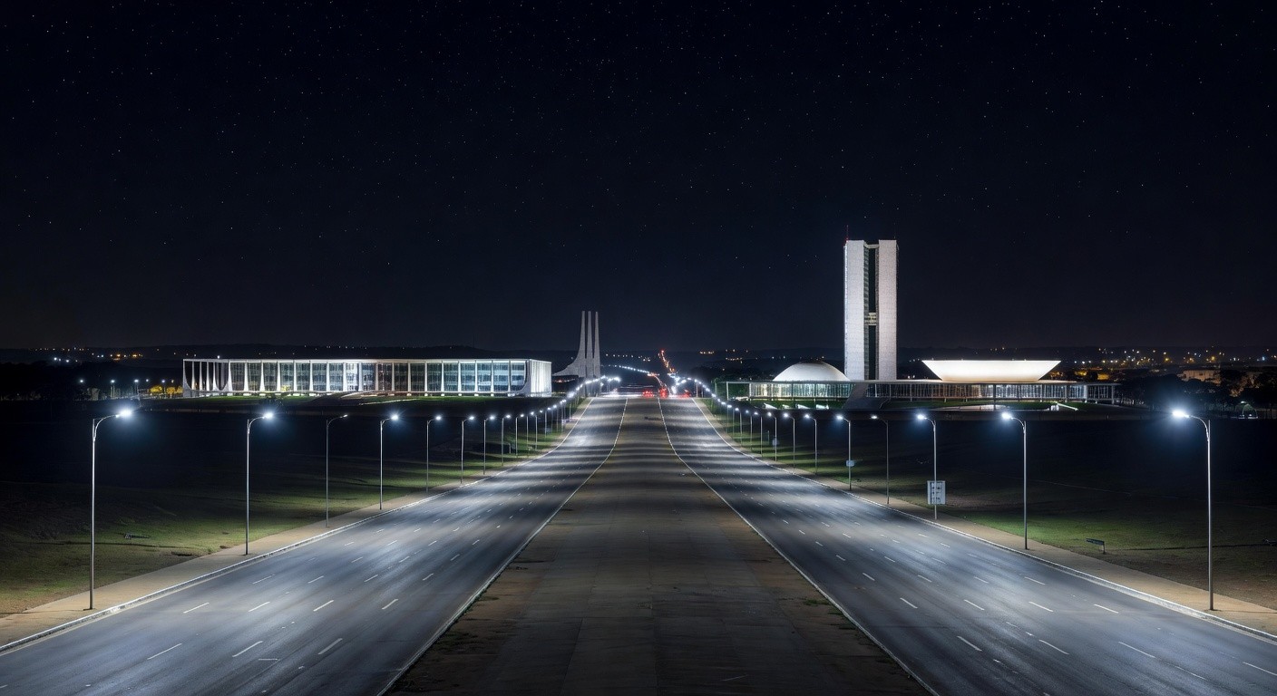 Avenida noturna em Brasília com iluminação pública 100% LED, destacando modernização e economia de energia no Distrito Federal.