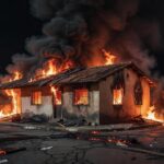 Casa residencial brasileira em chamas, representando incêndio criminoso e condenação por assassinato.