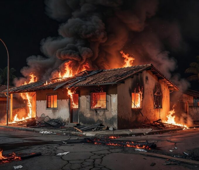 Casa residencial brasileira em chamas, representando incêndio criminoso e condenação por assassinato.