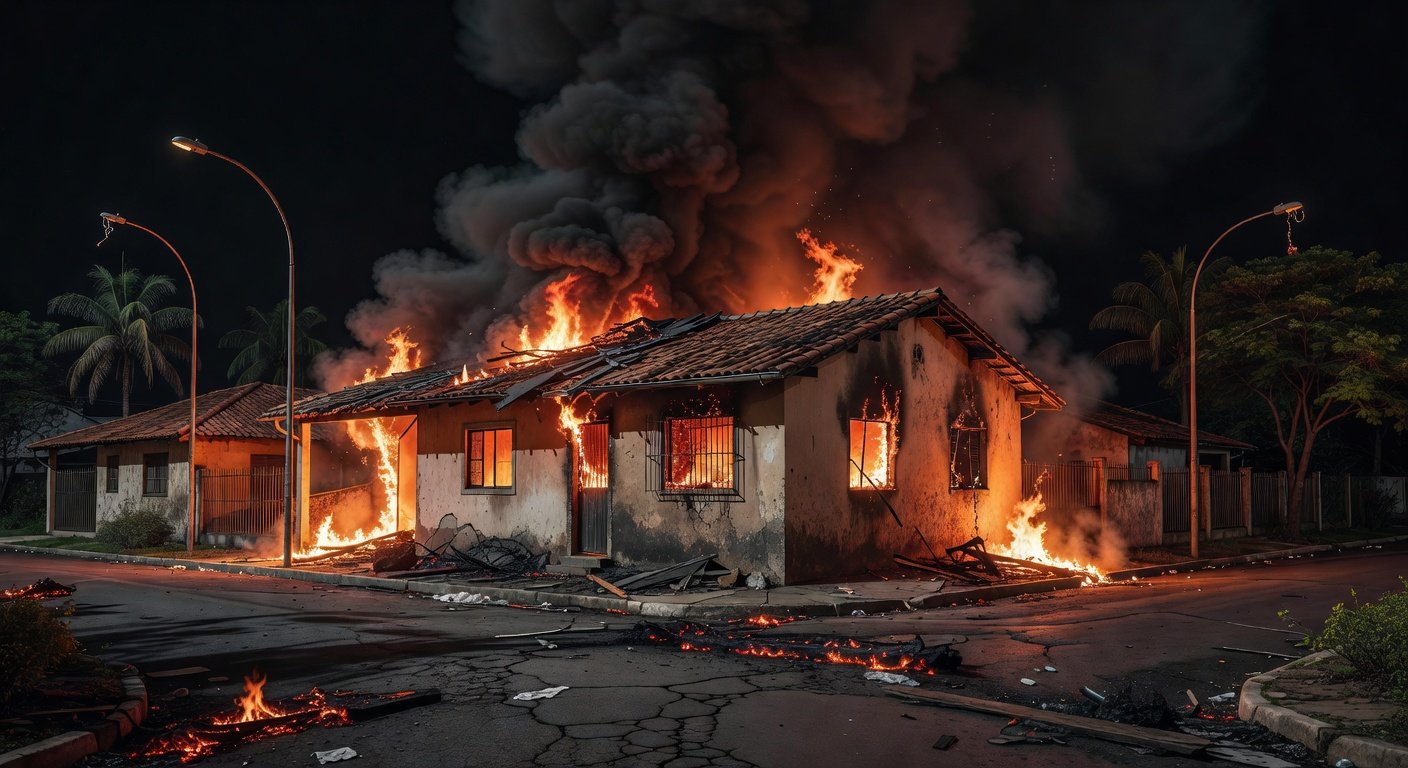 Casa residencial brasileira em chamas, representando incêndio criminoso e condenação por assassinato.