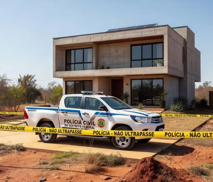 Viatura da polícia em frente a casa no DF, representando prisão por violência doméstica e posse irregular de armas.