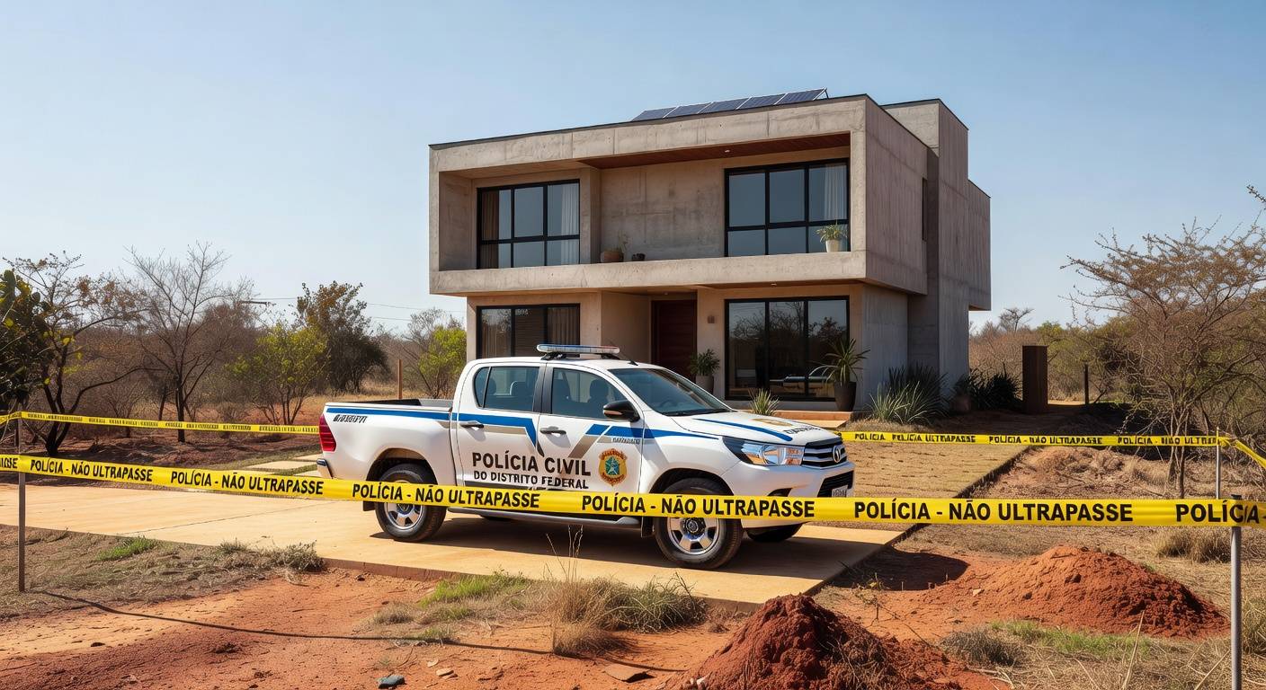 Viatura da polícia em frente a casa no DF, representando prisão por violência doméstica e posse irregular de armas.
