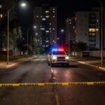Cena de crime isolada por fita policial em rua de Águas Claras, com viaturas da PMDF ao fundo.