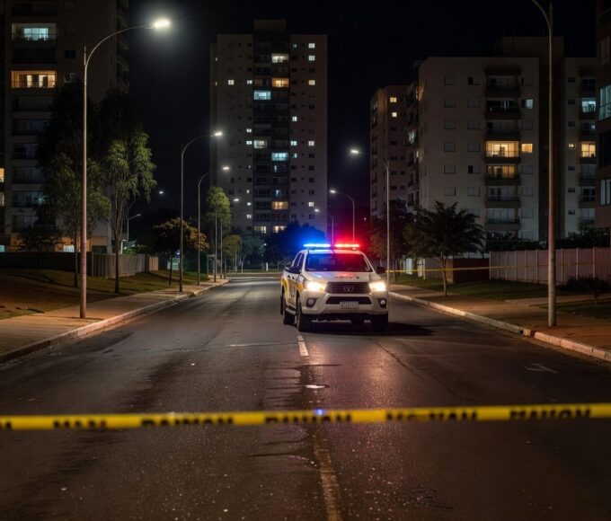 Cena de crime isolada por fita policial em rua de Águas Claras, com viaturas da PMDF ao fundo.
