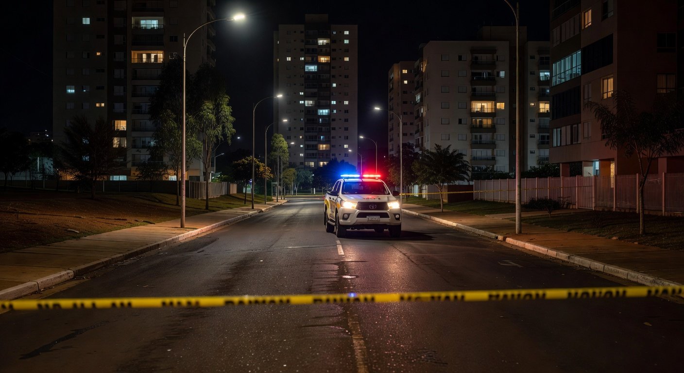 Cena de crime isolada por fita policial em rua de Águas Claras, com viaturas da PMDF ao fundo.