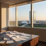 Pilha de notas fiscais em escritório em Brasília, ilustrando o programa Nota Legal com 1,6 milhão de inscritos.