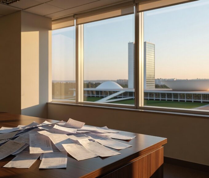 Pilha de notas fiscais em escritório em Brasília, ilustrando o programa Nota Legal com 1,6 milhão de inscritos.