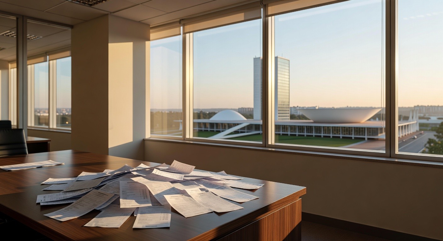 Pilha de notas fiscais em escritório em Brasília, ilustrando o programa Nota Legal com 1,6 milhão de inscritos.