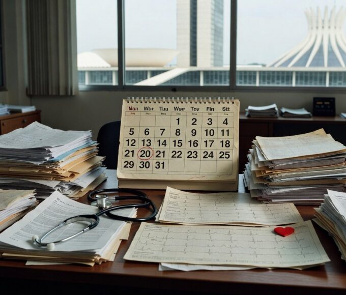 Mesa com documentos burocráticos e símbolos médicos em escritório governamental de Brasília, ilustrando atrasos em leis para bebês com Down em risco cardíaco.