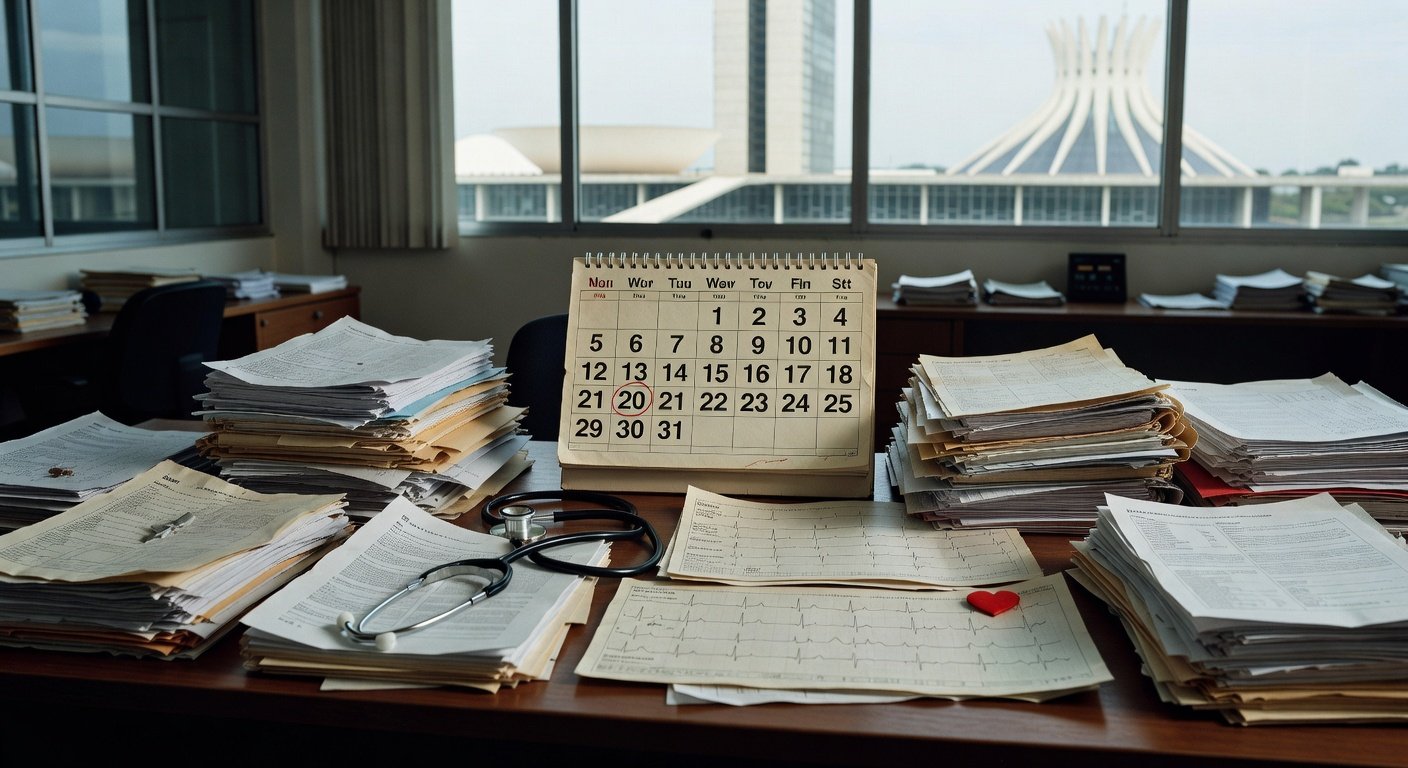 Mesa com documentos burocráticos e símbolos médicos em escritório governamental de Brasília, ilustrando atrasos em leis para bebês com Down em risco cardíaco.
