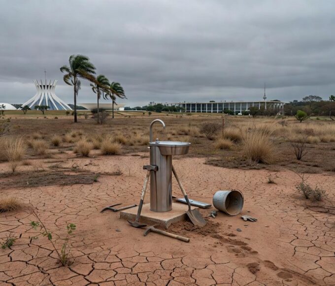 Paisagem seca em Brasília com solo rachado e ponto de hidratação isolado durante a seca, destacando lentidão da Caesb.