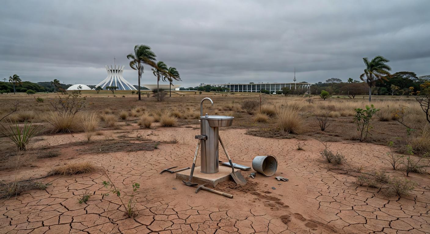 Paisagem seca em Brasília com solo rachado e ponto de hidratação isolado durante a seca, destacando lentidão da Caesb.