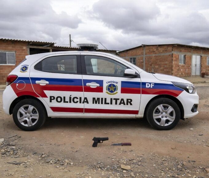 Viatura da Polícia Militar em rua de Vicente Pires com simulacro de arma e faca apreendidos.