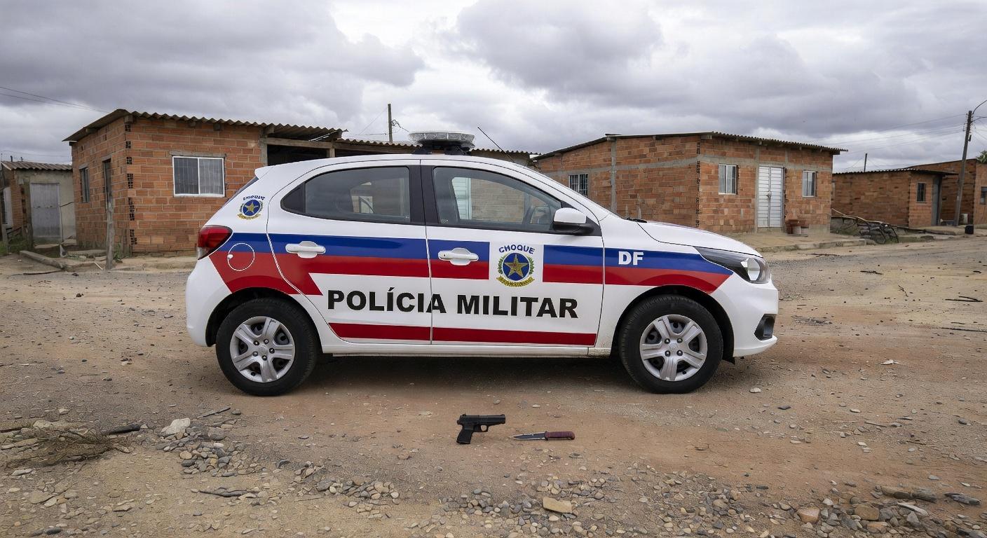 Viatura da Polícia Militar em rua de Vicente Pires com simulacro de arma e faca apreendidos.