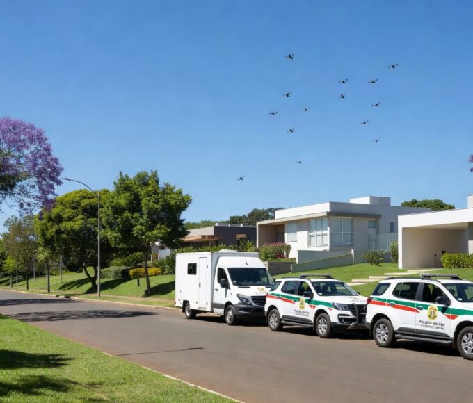 Viaturas da PMDF em rua de Brasília com drones caindo sobre residência, em estilo fotojornalístico.