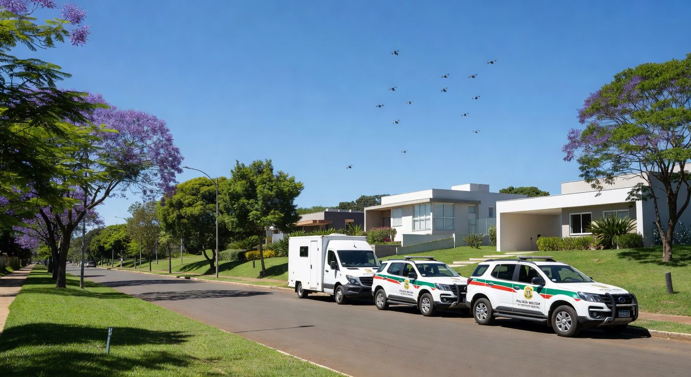 Viaturas da PMDF em rua de Brasília com drones caindo sobre residência, em estilo fotojornalístico.