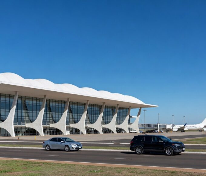 Vista externa do Aeroporto de Brasília, com terminal e aviões, representando anúncio de leilão pelo governo federal.