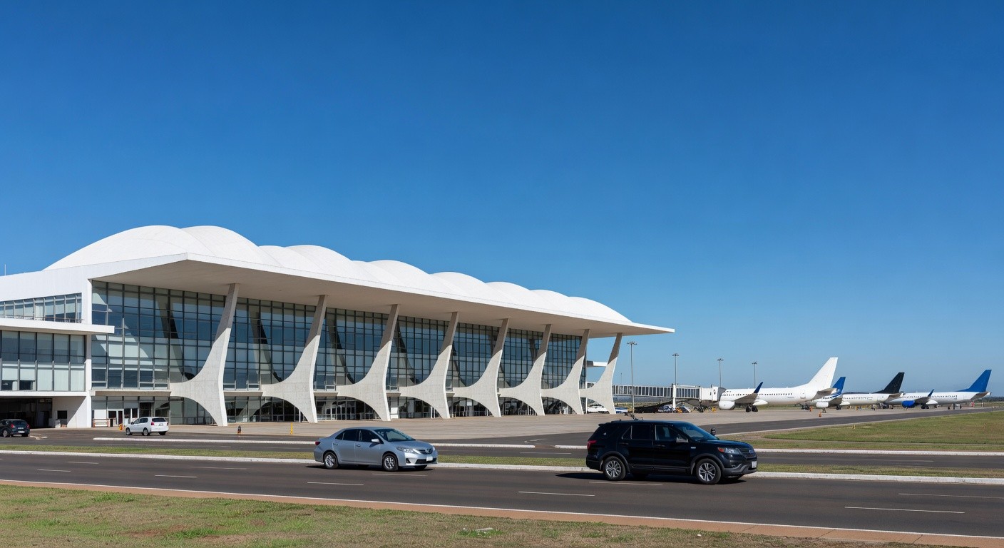 Vista externa do Aeroporto de Brasília, com terminal e aviões, representando anúncio de leilão pelo governo federal.