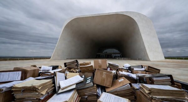 Edifício da Câmara Legislativa do DF sob céu nublado, com documentos deteriorados, expondo falhas na gestão pública.