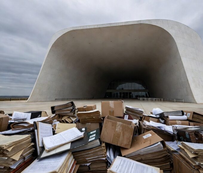 Edifício da Câmara Legislativa do DF sob céu nublado, com documentos deteriorados, expondo falhas na gestão pública.