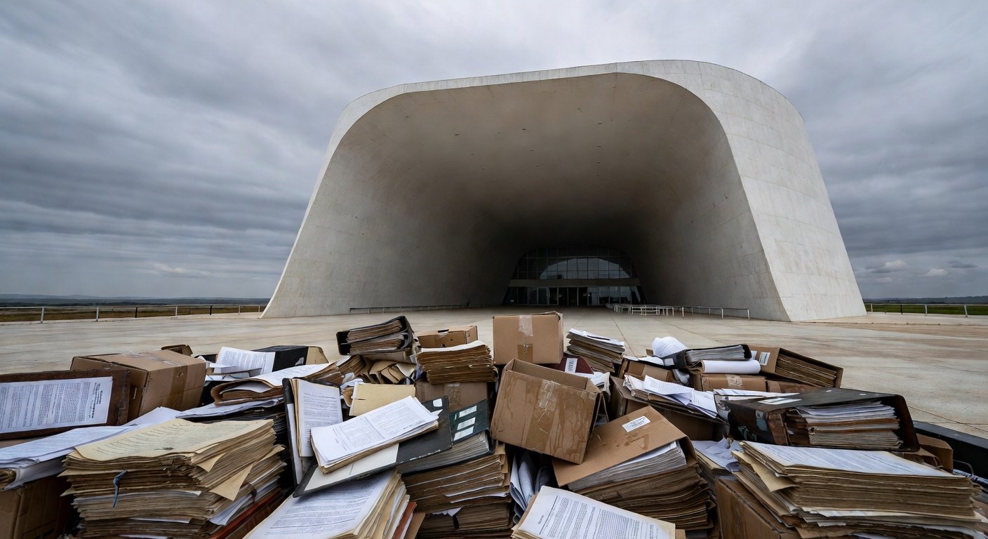 Edifício da Câmara Legislativa do DF sob céu nublado, com documentos deteriorados, expondo falhas na gestão pública.