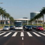 Faixa de pedestre em avenida de Brasília, com veículos parados, destacando ações educativas e redução de atropelamentos.