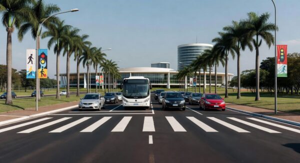 Faixa de pedestre em avenida de Brasília, com veículos parados, destacando ações educativas e redução de atropelamentos.