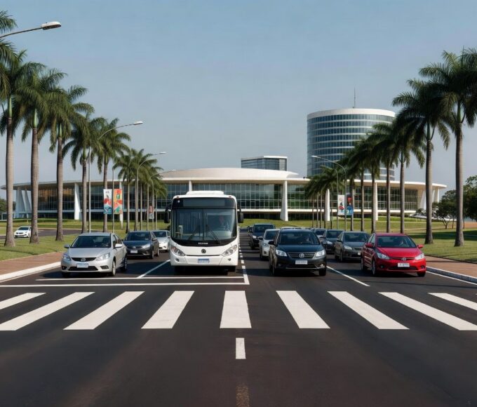 Faixa de pedestre em avenida de Brasília, com veículos parados, destacando ações educativas e redução de atropelamentos.