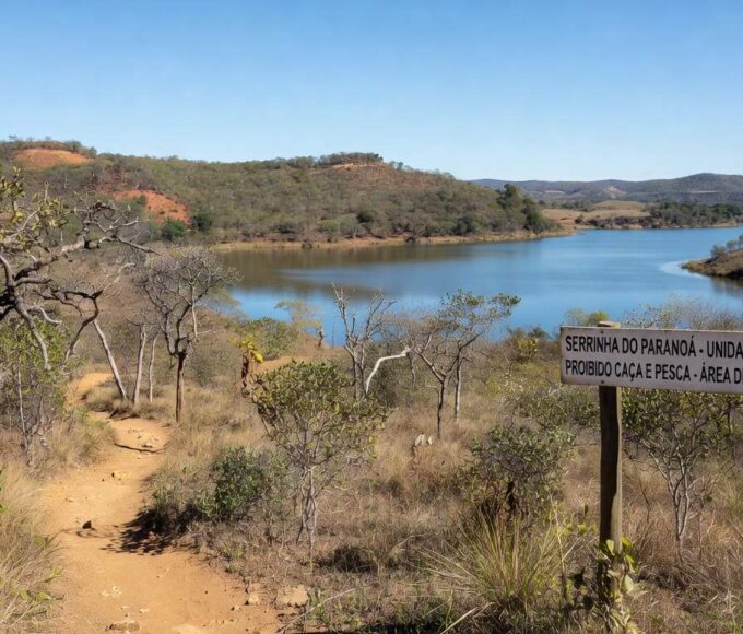 Paisagem da Serrinha do Paranoá transformada em parque ambiental, com vegetação de cerrado e Lago Paranoá ao fundo.