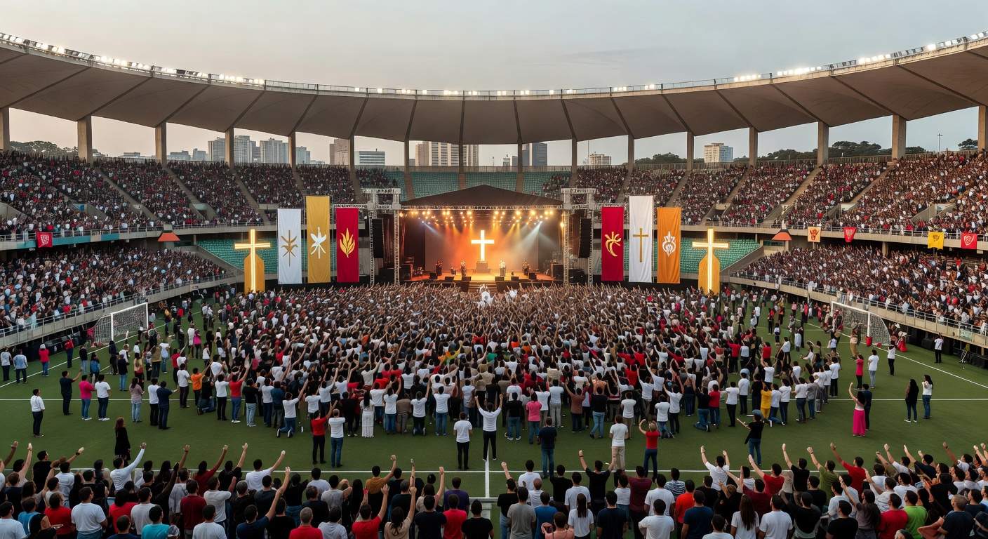 Vista ampla da Arena BRB Mané Garrincha em Brasília durante evento evangélico com símbolos cristãos e iluminação noturna.