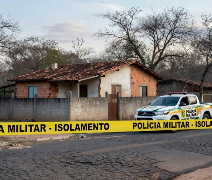 Cena de casa isolada por fita policial em Águas Lindas (GO), com viaturas da PM, representando tragédia familiar.