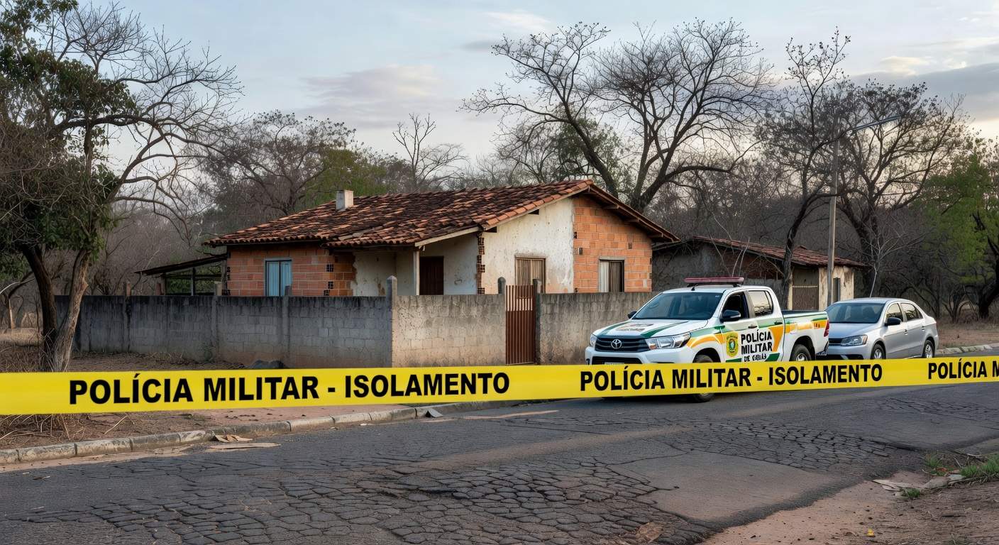 Cena de casa isolada por fita policial em Águas Lindas (GO), com viaturas da PM, representando tragédia familiar.