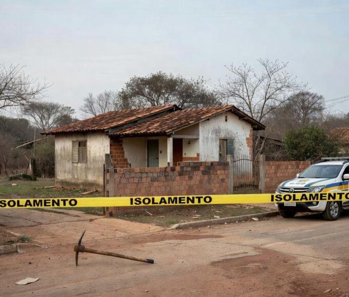 Casa isolada com fita policial em Águas Lindas de Goiás, cena de tragédia familiar envolvendo homicídio e suicídio.