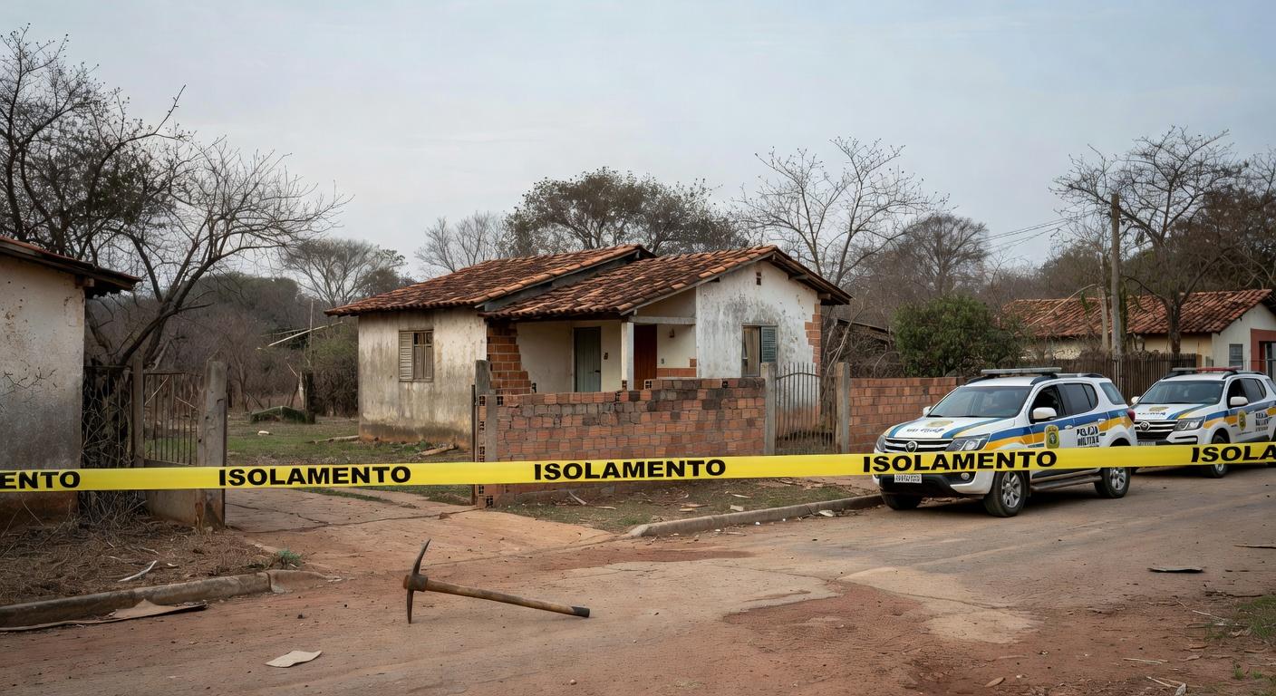 Casa isolada com fita policial em Águas Lindas de Goiás, cena de tragédia familiar envolvendo homicídio e suicídio.