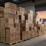 Armazém em Brasília com caixas de ovos de Páscoa e mercadorias irregulares apreendidas pela Seec-DF na Operação Páscoa.