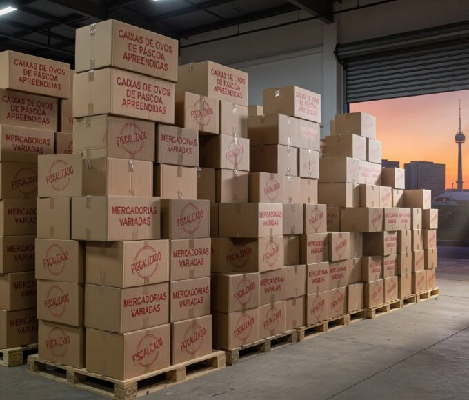 Armazém em Brasília com caixas de ovos de Páscoa e mercadorias irregulares apreendidas pela Seec-DF na Operação Páscoa.