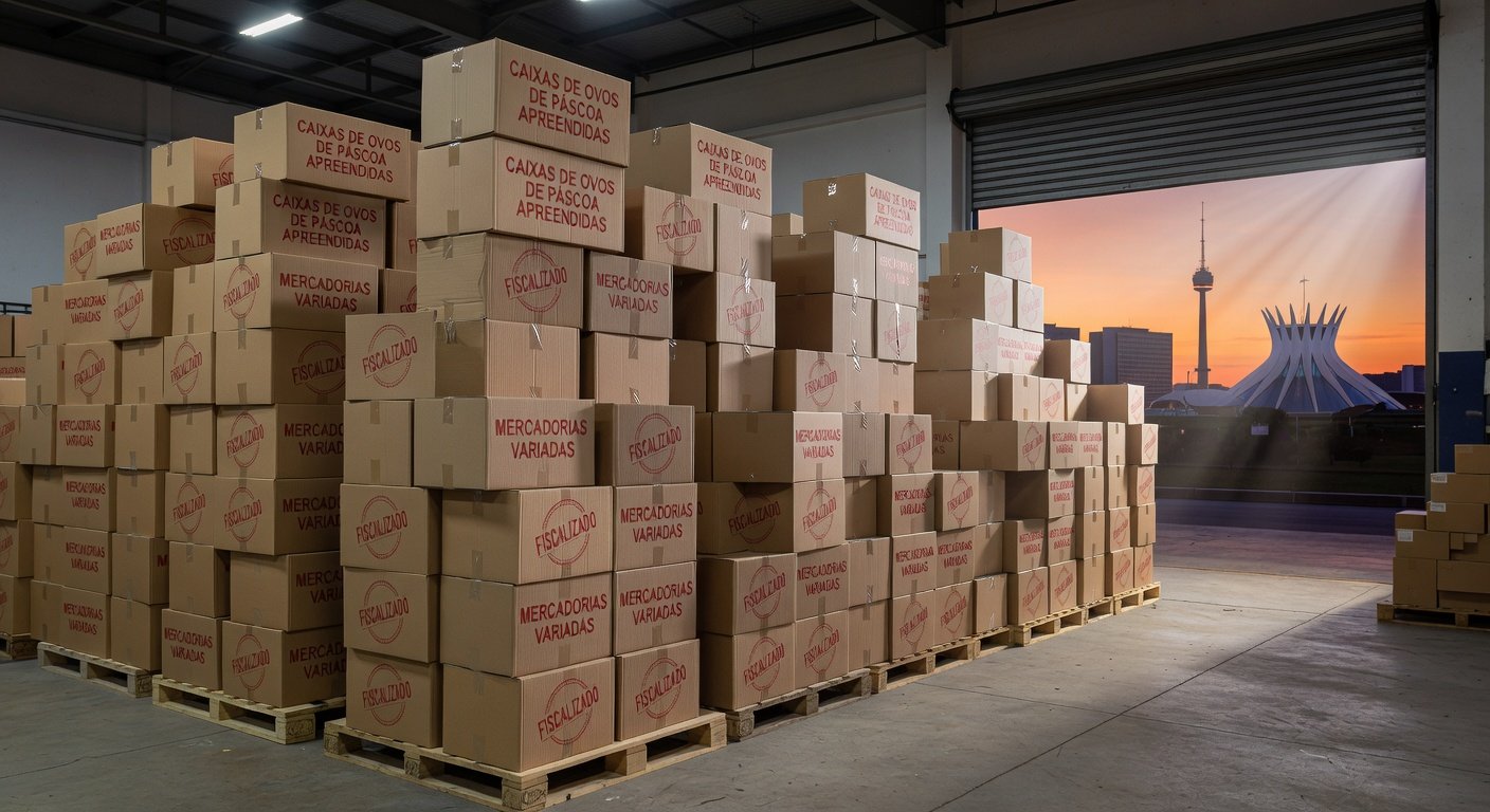 Armazém em Brasília com caixas de ovos de Páscoa e mercadorias irregulares apreendidas pela Seec-DF na Operação Páscoa.