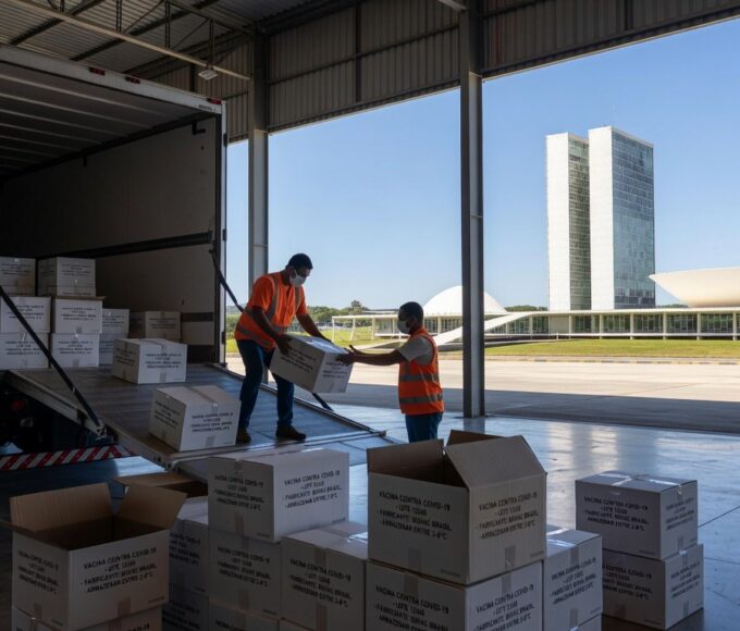 Caixas de vacinas contra Covid-19 descarregadas em aeroporto de Brasília, representando remessa do Ministério da Saúde.