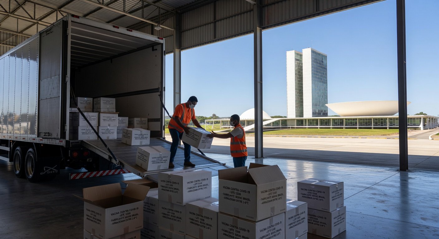Caixas de vacinas contra Covid-19 descarregadas em aeroporto de Brasília, representando remessa do Ministério da Saúde.