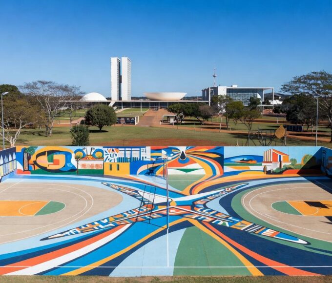 Quadras poliesportivas com artes urbanas no Parque da Cidade em Brasília, ambientadas no cerrado brasileiro.