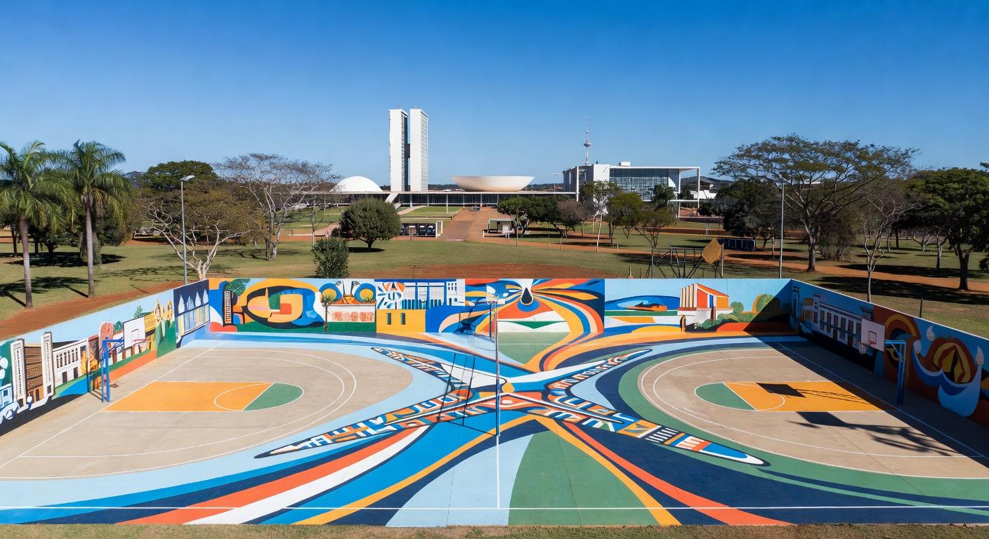 Quadras poliesportivas com artes urbanas no Parque da Cidade em Brasília, ambientadas no cerrado brasileiro.
