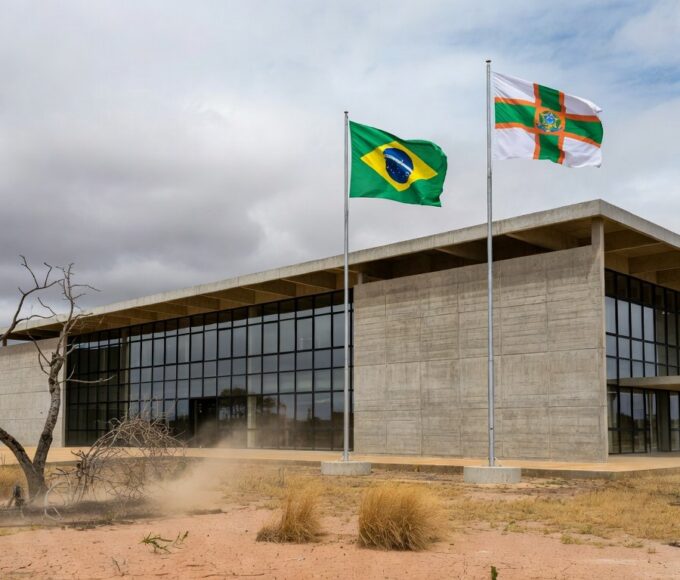 Exterior de tribunal em Planaltina, DF, representando julgamento de chacina no Centro-Oeste, com bandeiras e arquitetura local.