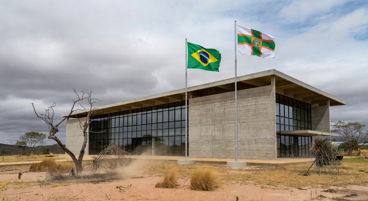 Exterior de tribunal em Planaltina, DF, representando julgamento de chacina no Centro-Oeste, com bandeiras e arquitetura local.