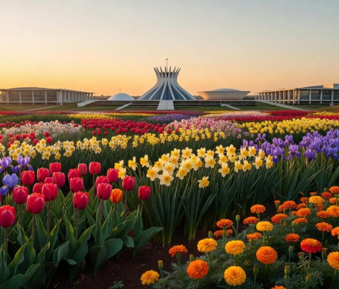 Jardim com flores vibrantes em Brasília, representando o Programa Viva Flor que zera feminicídios e protege mulheres.